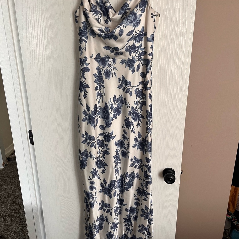 Revelry Nadia Satin Floral Print Dress - Dusty Blue Bouquet